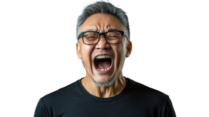 Angry senior man shouting with transparent background