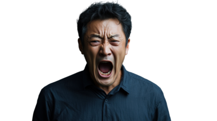 Angry asian man shouting with transparent background
