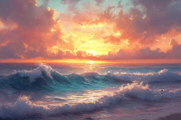 Vibrant sunset painting: colorful sky with streaks of orange and pink merging into calm ocean waters, reflecting the sun's final rays.