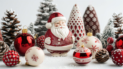 Elegant Santa Claus decorations featuring a festive backdrop on a light, white background