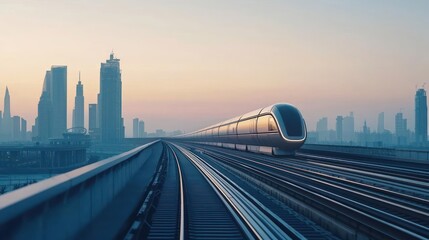 Fototapeta premium Modern Train On Elevated Track Dubai Cityscape Sunrise