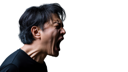 Asian man screaming with transparent background