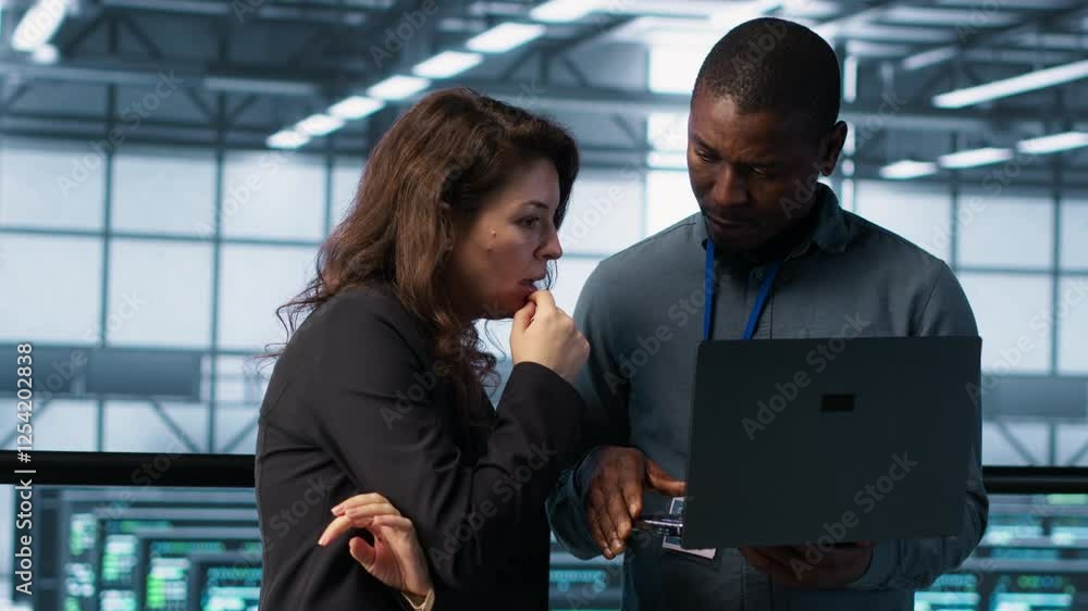 Aufkleber developers in data center workspace coding on laptop, analyzing metrics, optimizing storage volumes.