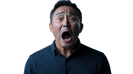 Shocked asian man opening his mouth on transparent background