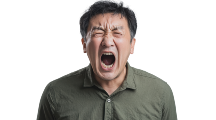 Stressed asian man shouting with transparent background
