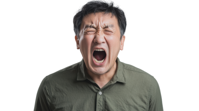 Stressed asian man shouting with transparent background