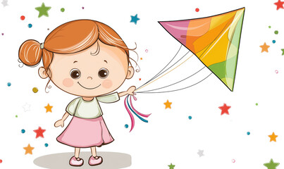 Illustration of a happy girl with orange hair holding a colorful kite. Bright stars scattered around. White background.