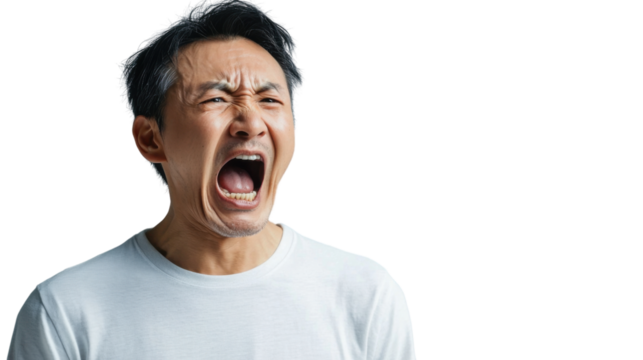 Angry asian man shouting with transparent background