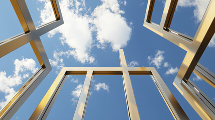 unique architectural framework against bright blue sky with clouds