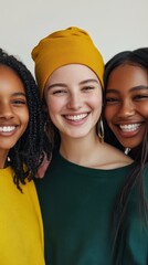 Three women are smiling and posing for a photo. One of them is wearing a yellow hat. The photo has a happy and friendly mood