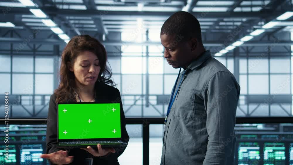Poster data center it team automating routine maintenance tasks with green screen laptop, executing diagnos