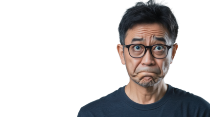 Worried asian man making a sad face on a transparent background