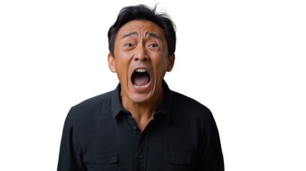 Frustrated businessman shouting with transparent background, expressing anger and stress