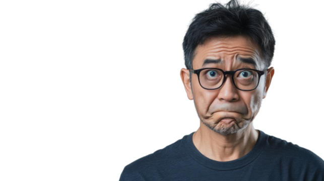 Worried asian man making a sad face on a transparent background