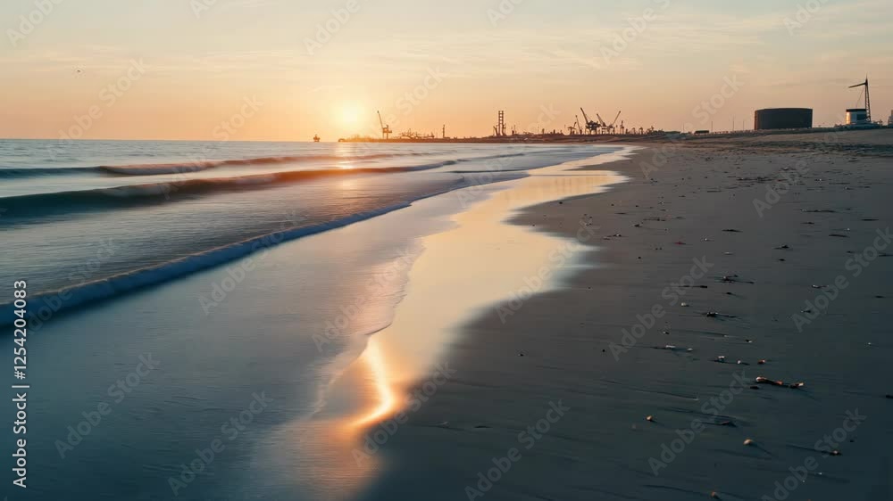 Poster sun setting over a serene beach with gentle waves and industrial skyline in the distance during twil