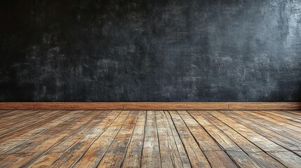 Empty room with dark wall and wooden floor. Potential use Mockup background