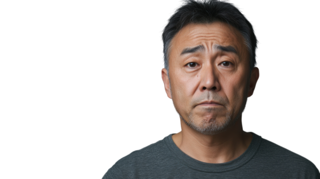 Sad senior japanese man frowning with transparent background