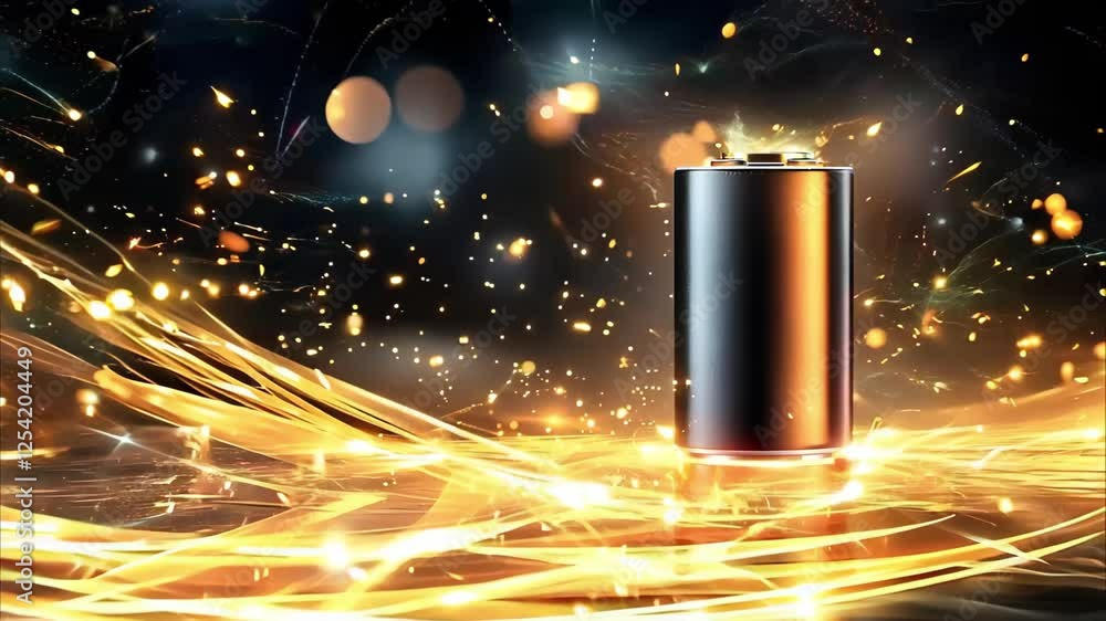 Aufkleber a glowing battery surrounded by a swirling light effect and sparkles, creating a dynamic and energet