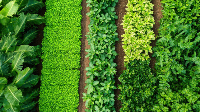 Lush green rows of organic vegetables and plants in farm setting, showcasing intercropping methods