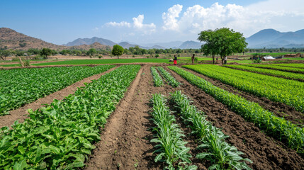 Obraz premium Resilient crops thriving in drought affected agricultural fields, showcasing green growth and sustainable farming practices