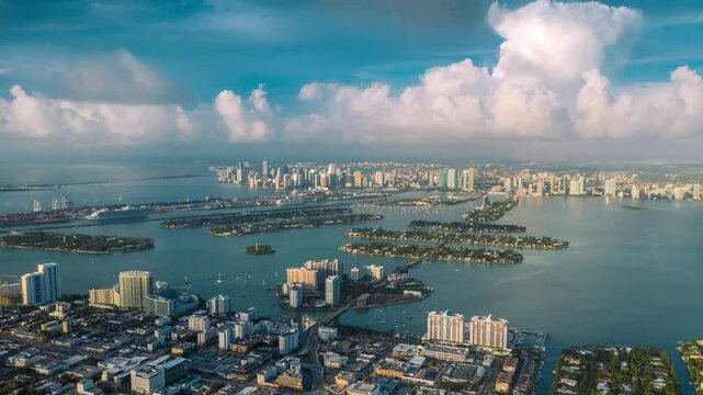 MIAMI, UNITED STATES - FEBRUARY 8, 2025: Aerial view capturing the vibrant skyline and scenic waterways of Miami during a clear day