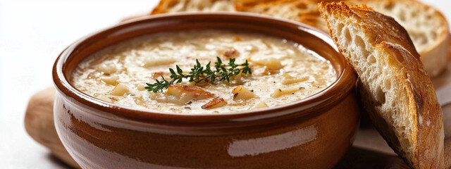 A rustic bowl of creamy clam chowder garnished with thyme, surrounded by slices of crusty bread, creating a warm and comforting culinary scene.
