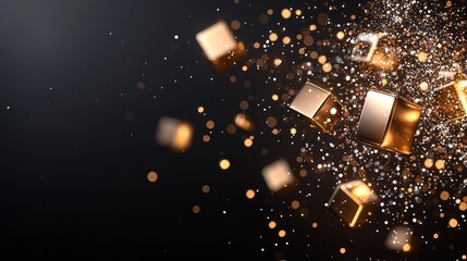 Minimalist golden cubes with depth and shadows, arranged dynamically on a deep black backdrop, luxury canvas art concept