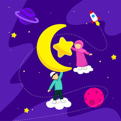 Fototapeta premium Islamic design of Eid Al-Fitr Muslim Kids and Space Illustration