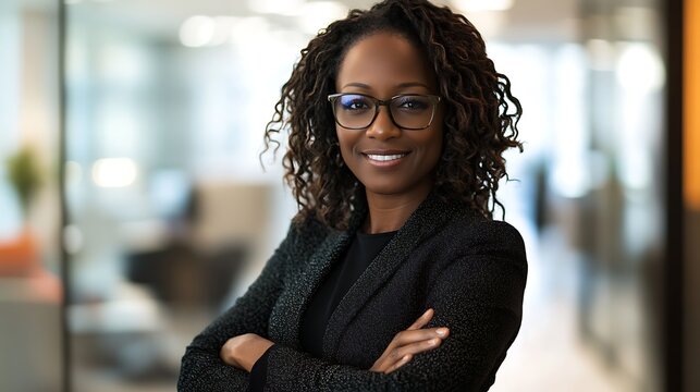 Self-confident and successful African female business woman, looking at the camera, posing in a modern Office space. Professional Portrait for Human Resources, Recruiting, Manager and Management, Lawy