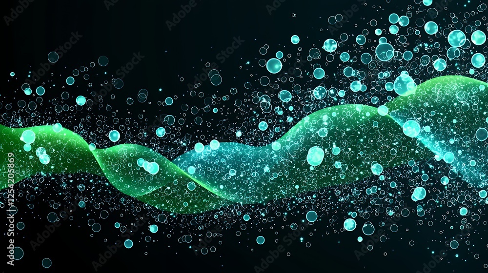 Poster abstract glowing teal and green particle wave design