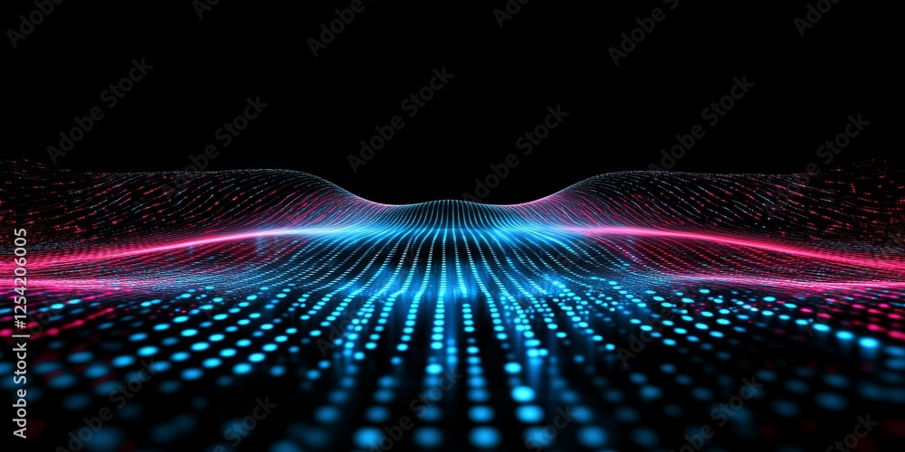 Poster abstract digital wave, glowing data flow, dark background, tech presentation
