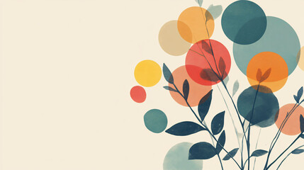 A modern minimalist botanical illustration featuring abstract plant stems with colorful overlapping circles on a light background
