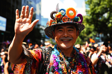 A jubilant man in a vibrant costume waves at a lively street parade, radiating happiness and festive energy.