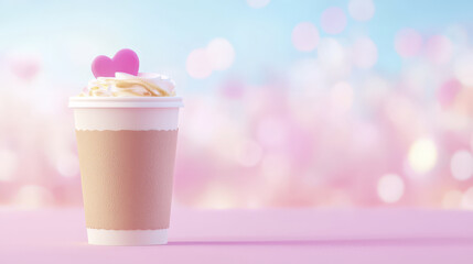captivating 3D coffee cup with whipped cream and heart decoration, set against dreamy pastel background