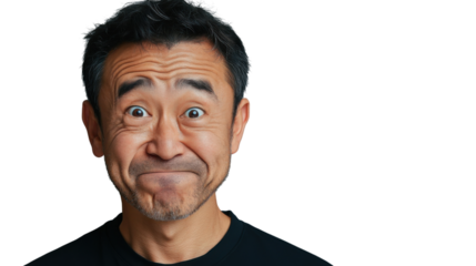 Surprised asian man making funny face on transparent background