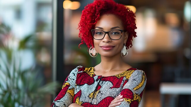 Self-confident and successful African female business woman, looking at the camera, posing in a modern Office space. Professional Portrait for Human Resources, Recruiting, Manager and Management, Lawy