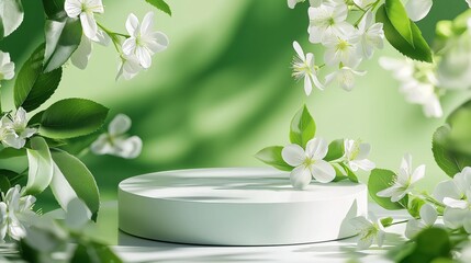 Lush green setting with a minimalistic white podium surrounded by delicate white flowers