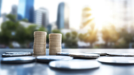 Stacks of coins on table with blurred city skyline in background, symbolizing finance and investment