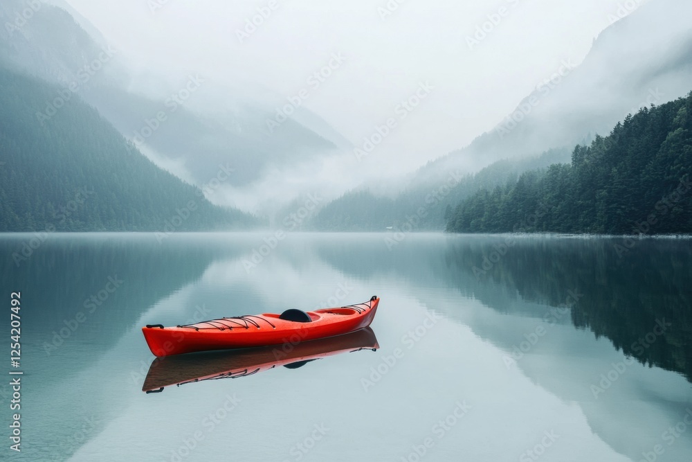 Aufkleber Serene kayak floating on calm mountain lake surrounded by misty peaks and tranquil waters. Generative AI