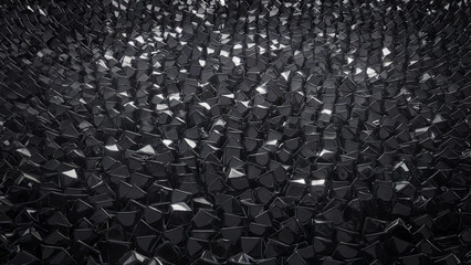 Texture of many similar 3D black glossy shapes arranged chaotically, reminiscent of black liquid metal