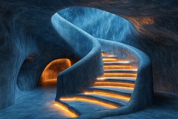 Spiral staircase inside a cave surrounded by natural rock formations, illuminated by a soft glow, leading deeper into the mysterious underground chamber.