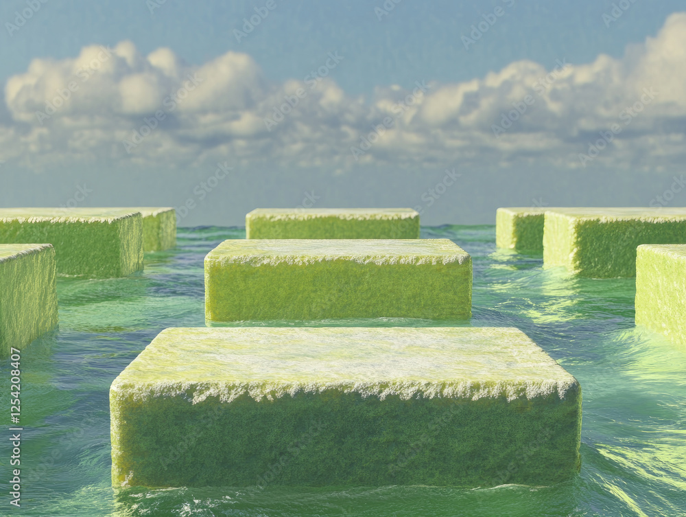 Poster floating green cubes on calm ocean surface under cloudy sky, creating surreal and tranquil scene. cu