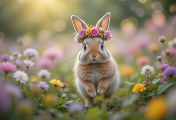 Adorable Bunny Wearing A Flower Crown In A Field
