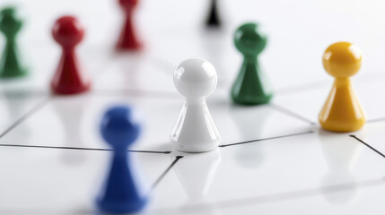 Obraz premium white game piece stands out among colorful pawns on board, symbolizing strategy and competition