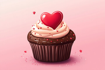 A beautifully decorated chocolate cupcake topped with creamy frosting and a red heart, ideal for celebrations
