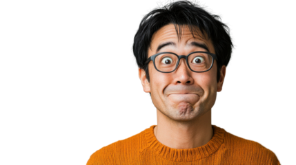 Asian man making funny face with transparent background