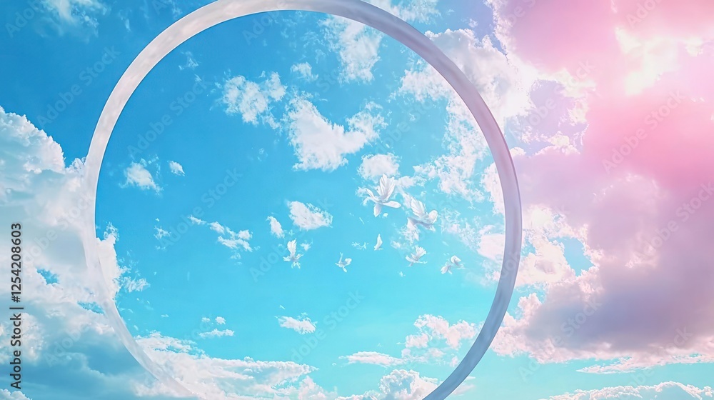 Poster pastel sky with circular frame and soft clouds