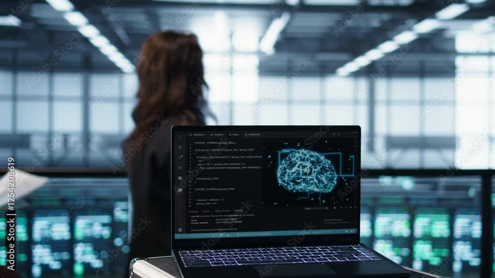 Poster laptop in front of data center engineers in blurry background deploying artificial intelligence driv