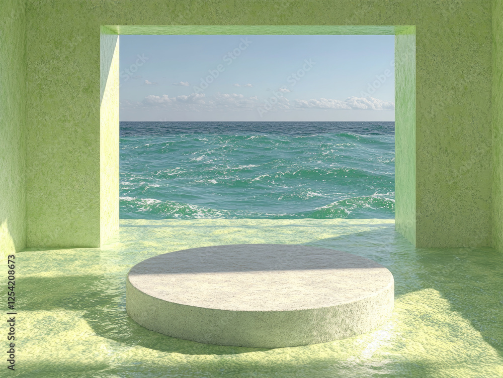 Poster serene ocean view through minimalist green room with circular platform, creating tranquil and open a