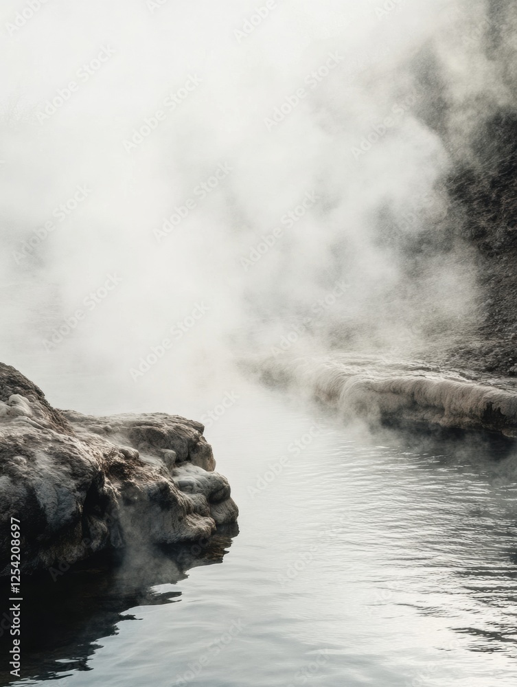 Aufkleber relaxing experience at a serene hot spring surrounded by steam and rocky edges in a natural setting.